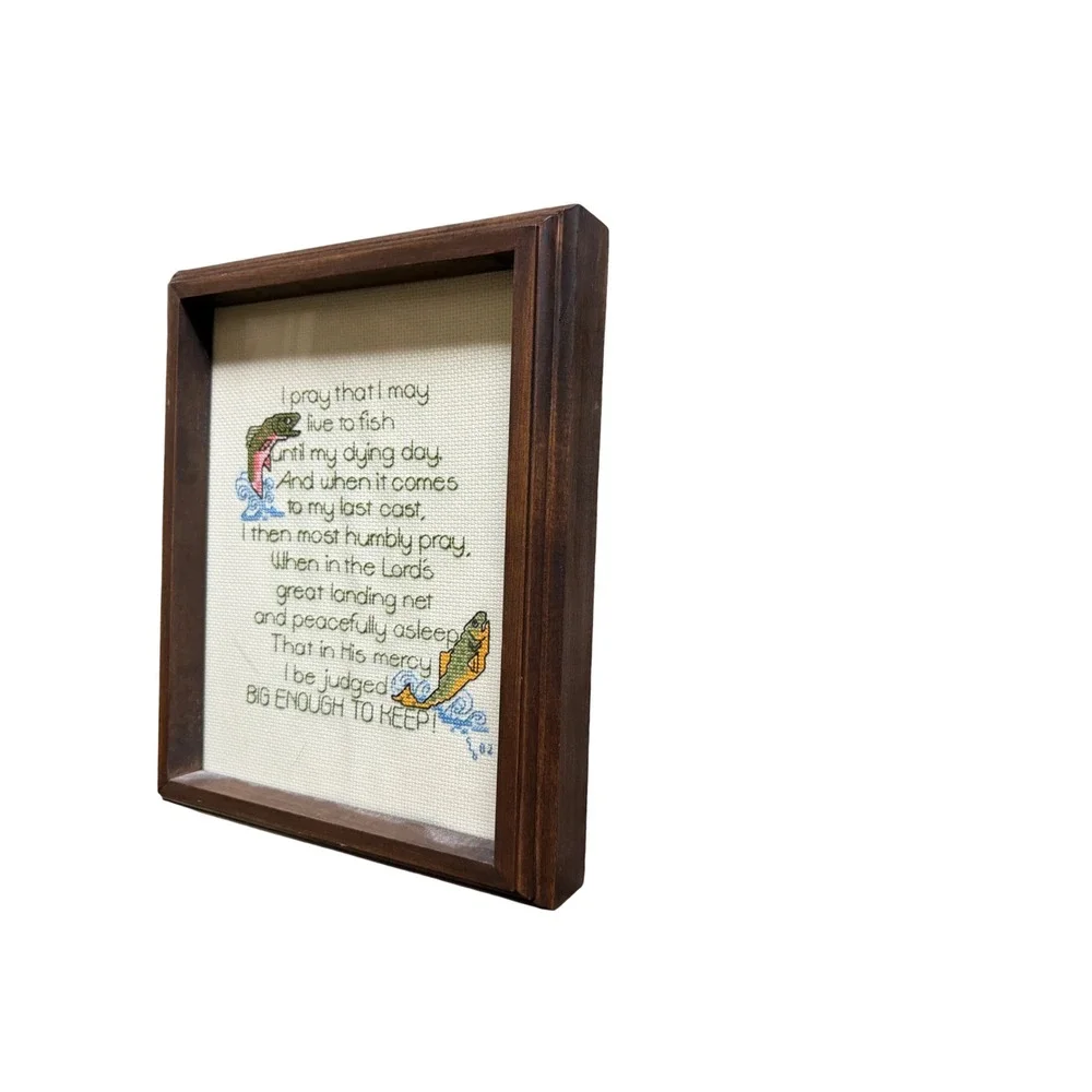 Vintage 1982 Fisherman's Prayer Cross Stitch Framed Art Trout Fishing Decor 8x10